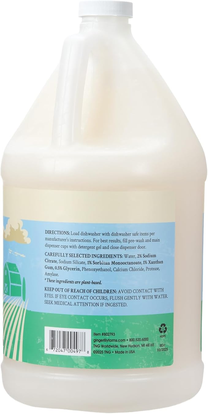 Ginger Lily Farms Botanicals Plant-Based Dishwasher Detergent Gel, 100% Vegan & Cruelty-Free, Fragrance-Free, 1 Gallon Refill (Pack of 4)