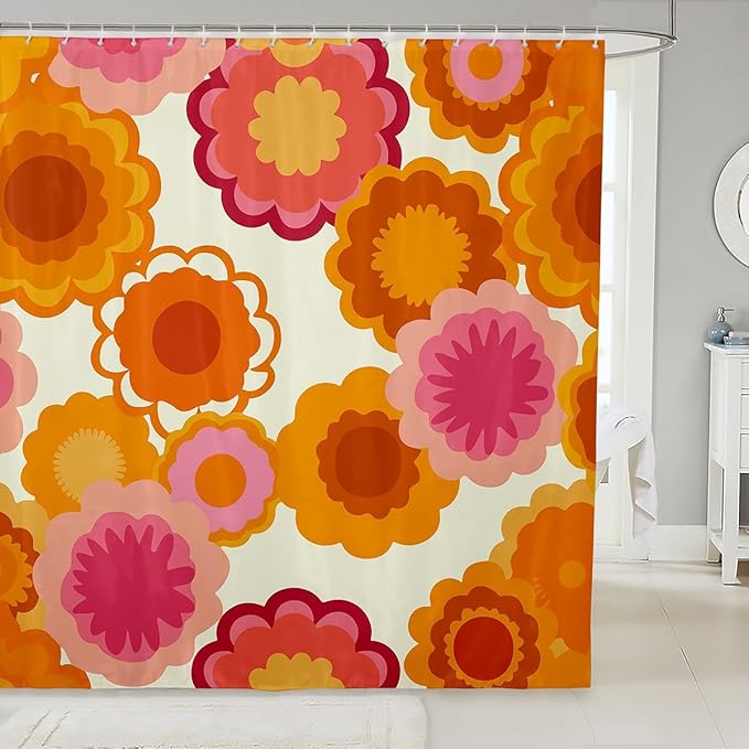 Vintage Floral Print Shower Curtain Kids Retro Hippie Flowers Bathroom Shower Curtain Set for Boys Teens Botanical Blossom Bath Curtain Waterproof 60S 70S Groovy Kids Bathroom Accessories 72"x78"