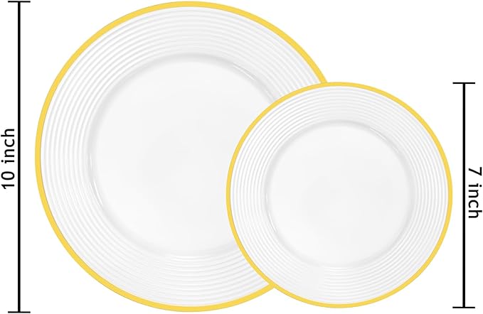 Liacere 100PCS Gold Plastic Plates - Heavy Duty Disposable Plates - White and Gold Plate 100PCS Dinner/Dessert Plate for Party & Wedding & Birthday