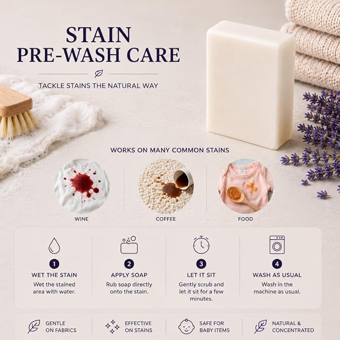 Laundry Soap Bar with Lavender for Sensitive Skin - Delicate Stain Remover Clothes, Underwear, Collar - 7 pcs