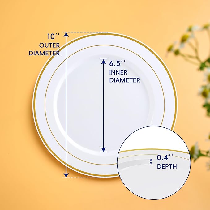 JOLLY CHEF 100 Pieces Gold Plastic Plates, 10 Inch Elegant Disposable Dinner White with Gold Rim, Disposable Plastic Plates for Christmas, Birthdays and Weddings