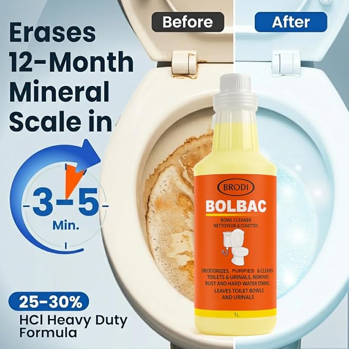 Brodi BolBac Heavy Duty Toilet Bowl Cleaner, High-Power 25-30% HCI Formula, Fast Lime & Rust Removal, Fixture-Safe, Removes Odor-Causing Build-Up (Pack of 12)