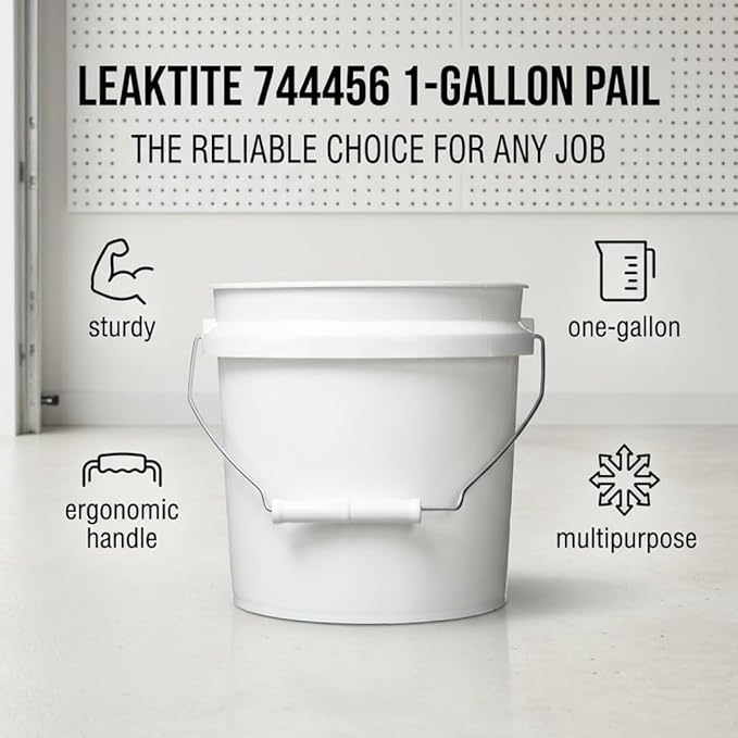Leaktite White 1 gal Paint Pail – Small Bucket with Lid – Paint and Cleaning Tools – Mop and Car wash Bucket Basin – Pack of 6