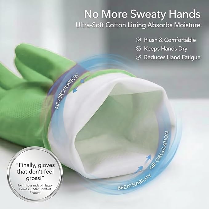 ForPro Natural Rubber Gloves, 6 Pairs Reusable Multi-Purpose Household Cleaning Gloves with Soft Inner Lining, Waterproof & Chemical-Resistant, Lime Zest, Large
