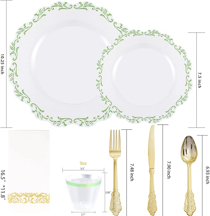 PULOTE 175PCS Green Plastic Plates - Clear Plastic with Green Rim Disposable - Include 25 Each (Dinner & Dessert) Plates, 75 Cutlery, 25 Cups, 25 Napkins, Idea for Wedding&Party