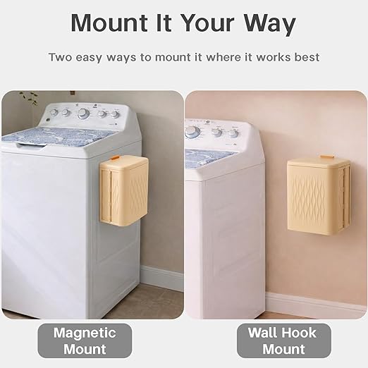 Magnetic Lint Bin for Laundry Room, Extra Large Foldable Lint Trash Can with Lid and Dryer Lint Brush, Wall Mounted Laundry Room Organization and Storage, Peach