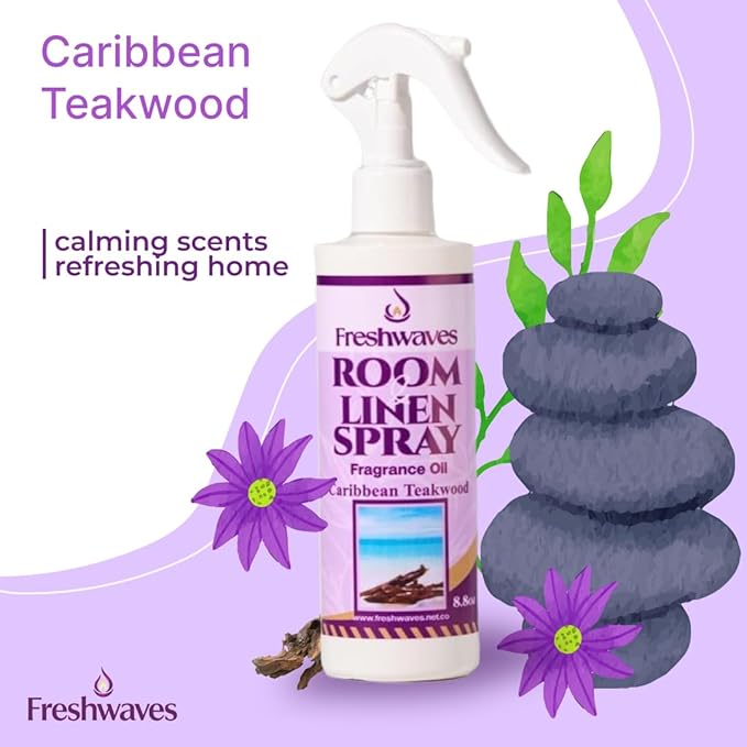 Freshwaves Room & Linen Spray | Caribbean Teakwood Fragrance Oil | 8.8oz Air Freshener | Odor Eliminator for Living Room, Bedroom, Bathroom & Office | White Bottle