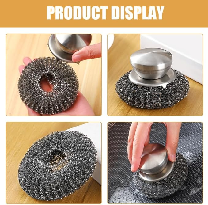 Toyvian Scrubber Brush with Ergonomic Handle, Stainless Steel Heavy Duty BBQ Grill Brush Kitchen Pot Scrubber Non-Scratch Scouring Pad for Cleaning Cast Iron Pots Pans Griddles and Sinks