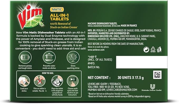 Vim Matic Dishwasher All-In-One Tablets (Pack of 30) I Removes Tough Indian Grease I Designed By India's No.1 Dishwashing Brand.