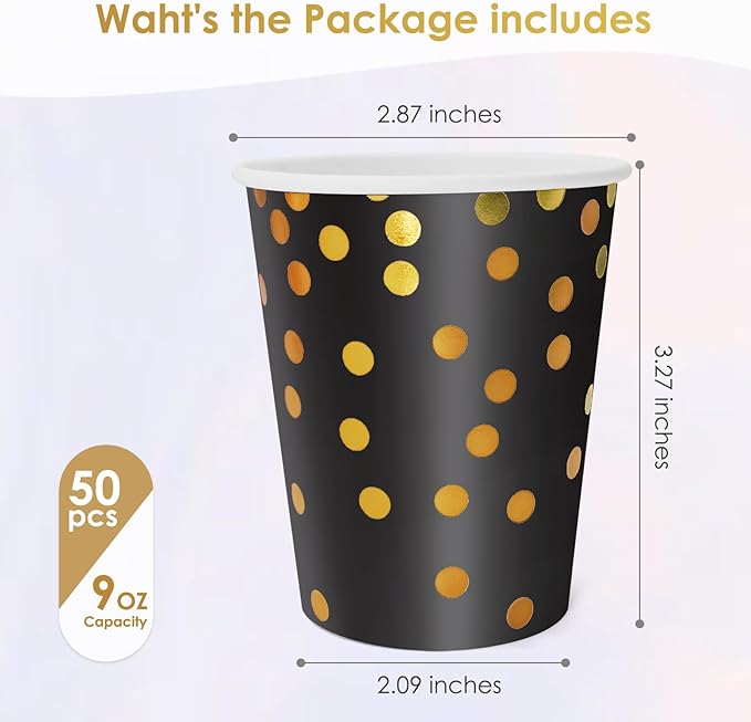 Black and Gold Paper Cups,9 oz Black Disposable Cups,Gold Foil Dot Paper Cups for Birthday Wedding Party Supplies(50 Pcs)