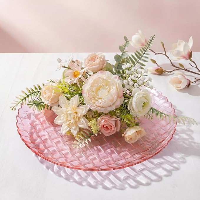 Festiva 60PCS Clear Pink Plastic Plates - Heavy Duty Weave Pattern Fancy Disposable Plates -serve for 30 guests Include 30PCS 10" & 30PCS 7" Plates for Birthday & Easter Party(Pink)