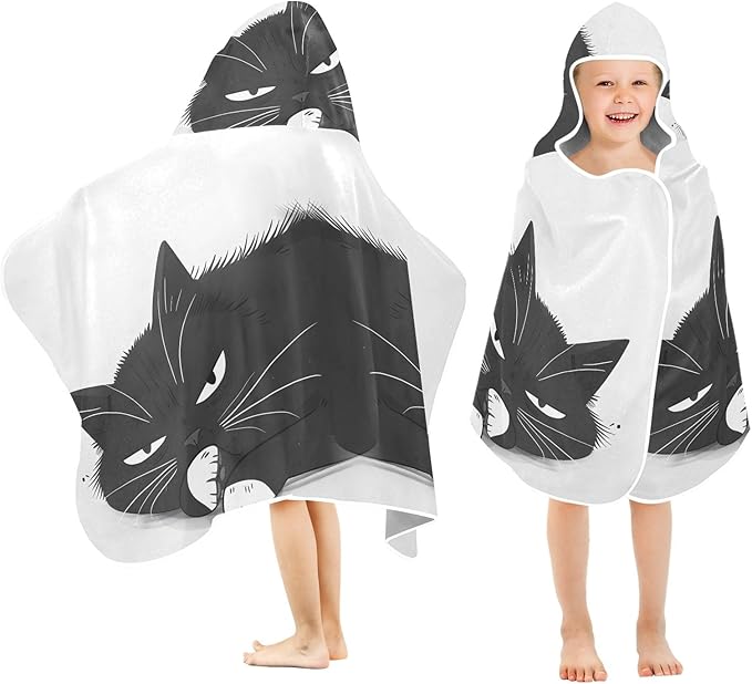 Hooded Towel for Kids Black Cat Lying Lazily Beach Wrap Bath Towels 50x23.5in