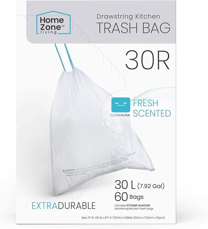 Home Zone Living 8 Gallon Kitchen Trash Bags with Drawstring Handles, Heavy Duty Custom Fit Design for 30 Liter Dual Recycling Liners, Code 30R, 60-Count (Pack of 8)