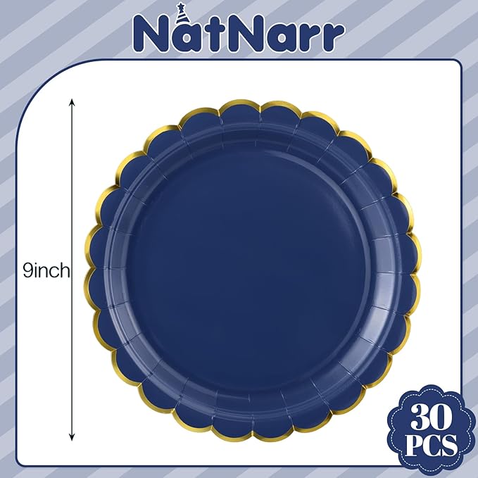 NatNarr 30 Pcs Navy Blue Paper Plates 9 Inch Scalloped Blue and Gold Party Plates Cute Dessert Cake Plate for Men Birthday, Fathers Day, Graduation