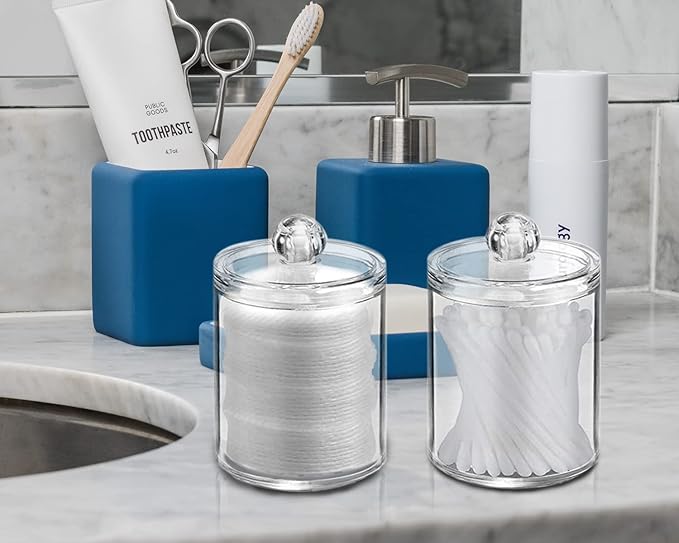 DAPOWER 4 Pack Qtip Holder Storage Canister for Cotton Ball, Cotton Swab, Pads, Floss; 10-Ounce Clear Plastic Apothecary Jar with Lid, Bathroom Makeup Organizer (4)