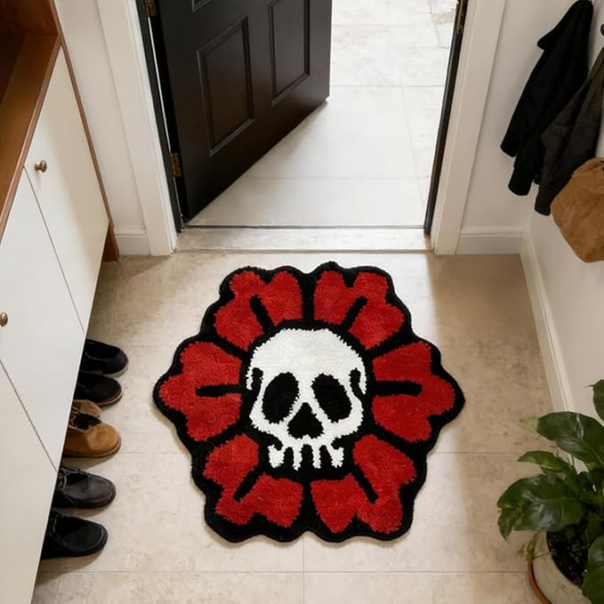 Trippy Skull Rug Cool Bathroom Rugs Gothic Red Flower Tufted Extra Soft Water Absorbent Quick Dry Bathroom Mat Non Slip Bath Mat Halloween Horror Goth Decor Carpet, 2.6 x 2.6FT