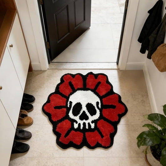 Trippy Skull Rug Cool Bathroom Rugs Gothic Red Flower Tufted Extra Soft Water Absorbent Quick Dry Bathroom Mat Non Slip Bath Mat Halloween Horror Goth Decor Carpet, 2.6 x 2.6FT