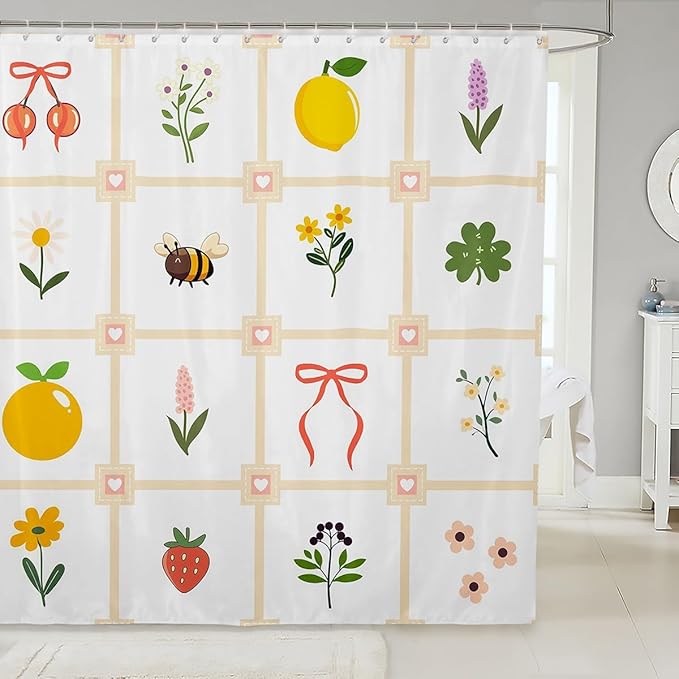 Erosebridal Floral Girl Shower Curtain, Cartoon Pastel Lattice Waterproof Bathroom Curtain for Kids Teens, Kawaii Bees Fruits Bows Pattern Bath Curtains, Cute Bathroom Accessories, 72" W x 72" L