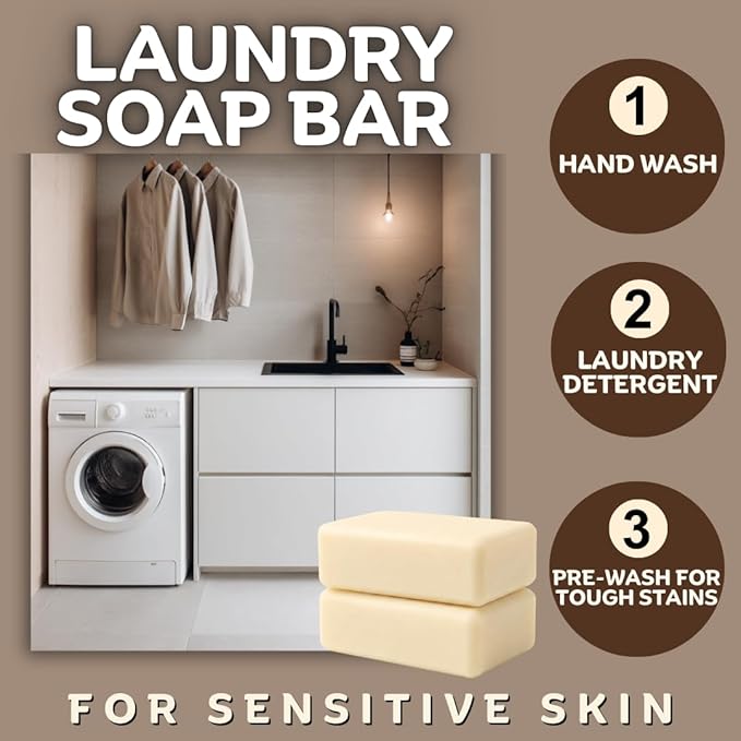 Unscented Laundry Soap Bar - Natural Ingredients with Organic Coconut Oil for Sensitive Skin - 2Pcs
