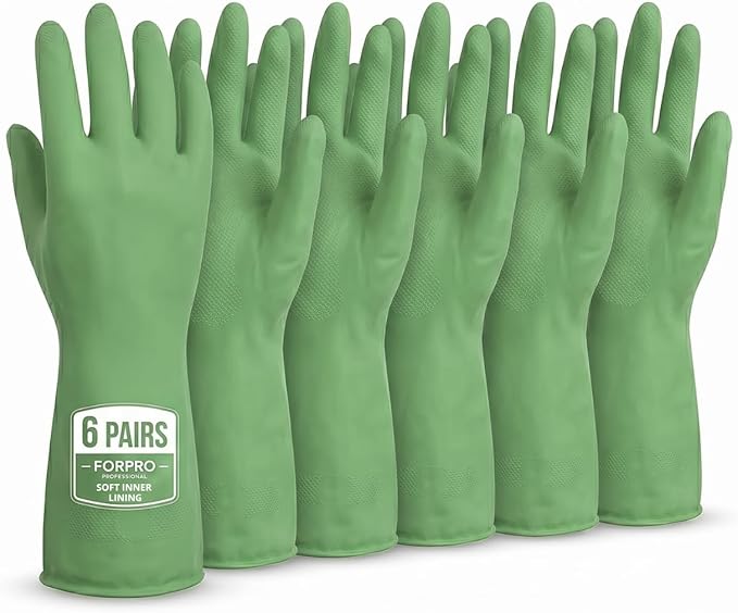 ForPro Natural Rubber Gloves, 6 Pairs Reusable Multi-Purpose Household Cleaning Gloves with Soft Inner Lining, Waterproof & Chemical-Resistant, Lime Zest, X-Large