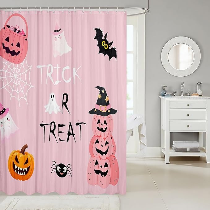 Cute Ghost Spider Web Pumpkin Shower Curtain,Kids Cartoon Style Decorative Bath Curtain,Pink Halloween Home Bathroom Decor Polyester Fabric Waterproof 72 x 84 Inches
