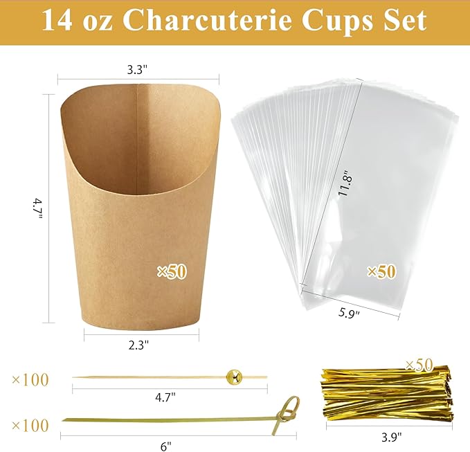 ZORRITA 50 Sets 14 oz Charcuterie Cups with Sticks, Individual Kraft Paper Charcuterie Boxes Disposable Individual Appetizer Serving Cups (50 Cups + 200 Cocktail Picks + 50 Bags + 50 Ties)