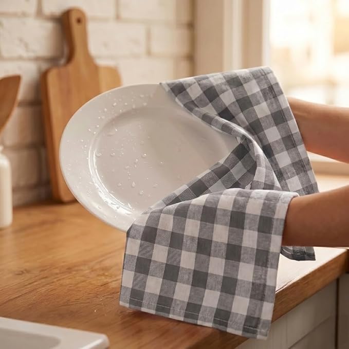 Urban Villa Kitchen Towels Set of 6 Buffalo Checks Grey/White Kitchen Towels 20X30 Inches 100% Cotton Highly Absorbent Kitchen Towels Premium Quality Ultra Soft Mitered Corners KitchenTowels