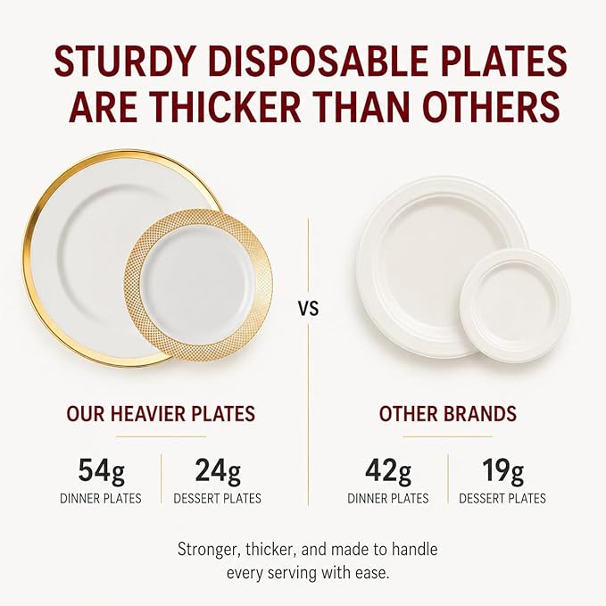 By Madee HEAVYWEIGHT Fancy Plastic Dinnerware Sets – White and Gold Disposable Plates, Premium Cutlery & Linen-Like Napkins | Elegant Disposable Dinnerware Set - 175 Pc for 25 Guests