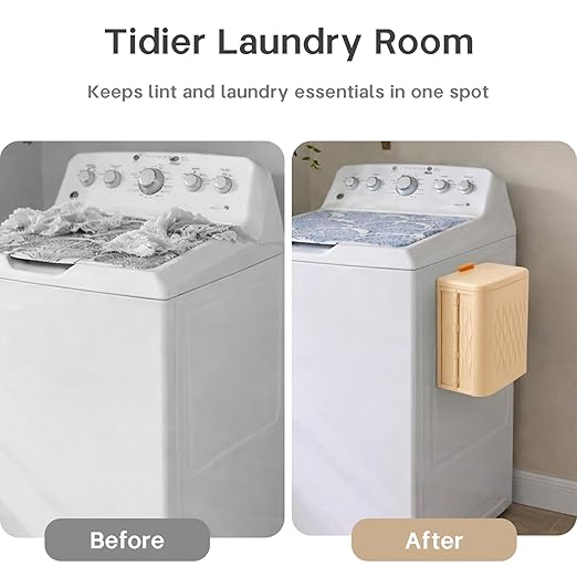 Magnetic Lint Bin for Laundry Room, Extra Large Foldable Lint Trash Can with Lid and Dryer Lint Brush, Wall Mounted Laundry Room Organization and Storage, Peach