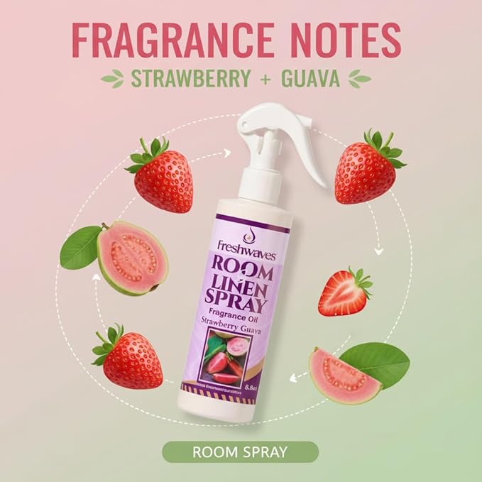 Freshwaves Room & Linen Spray | Strawberry Guava Fragrance Oil | 8oz Air Freshener | Odor Eliminator for Living Room, Bedroom, Bathroom & Office