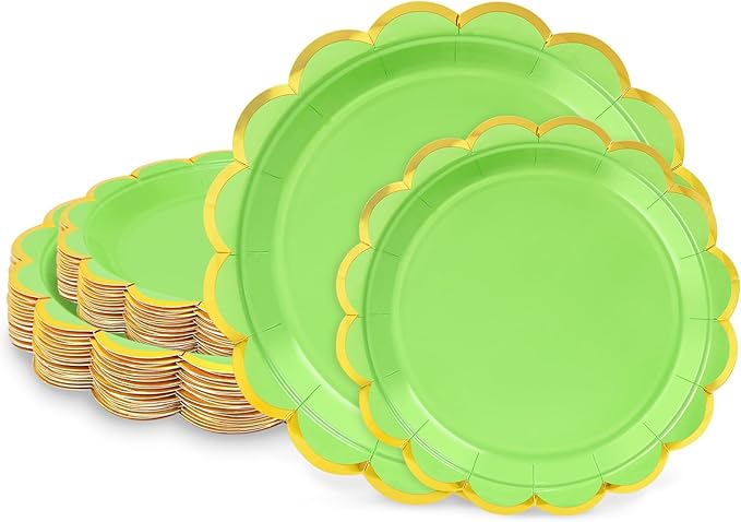 50 Pcs Lime Green Paper Plates, 25 Pcs 9" and 25 Pcs 7" Disposable Christmas Scalloped Plates with Gold Foil for Graduation Wedding Baby Shower Birthday Party Picnic BBQ