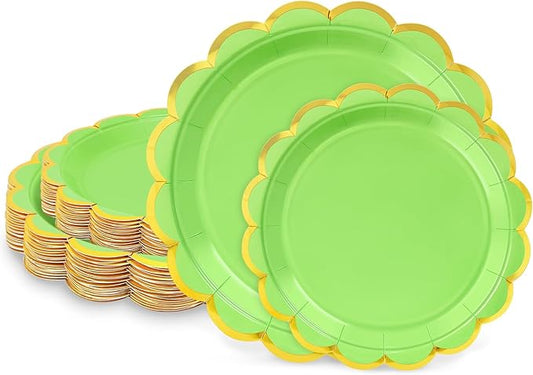 50 Pcs Lime Green Paper Plates, 25 Pcs 9" and 25 Pcs 7" Disposable Christmas Scalloped Plates with Gold Foil for Graduation Wedding Baby Shower Birthday Party Picnic BBQ