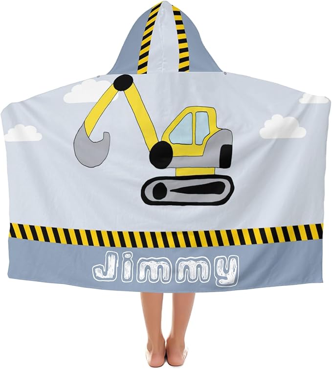 Kids Hooded Towels Construction Car Excavator Digger Soft Towel Rode Poncho 30X50 inches Beach, Bath, Pool Towels for Girls Boys