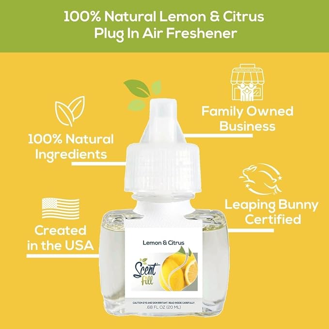 Scent Fill 100% Natural Lemon & Citrus Plug in Air Freshener, Scented Oil Refills, 2 Refills + Diffuser