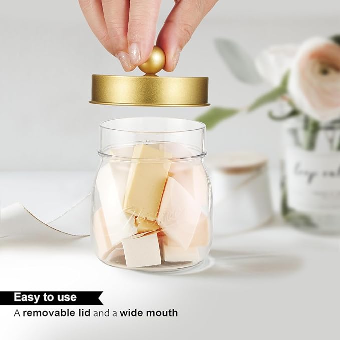 SheeChung 3 Pack Qtip Holder Bathroom Jar Set, Apothecary Mason Jar for Bathroom Vanity Home Storage Organizer, Plastic Acrylic Qtip Dispenser for Cotton Swab, Floss Pick, Farmhouse/Home Decor (Gold)