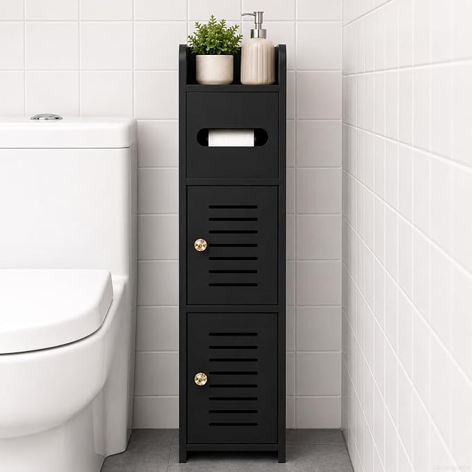 Toilet Paper Holder Stand, Small Bathroom Storage Cabinet with Doors and Toilet Paper Storage, Slim Floor Standing Shelf for Small Spaces,Toilet Storage Cabinet for Bathroom,Black