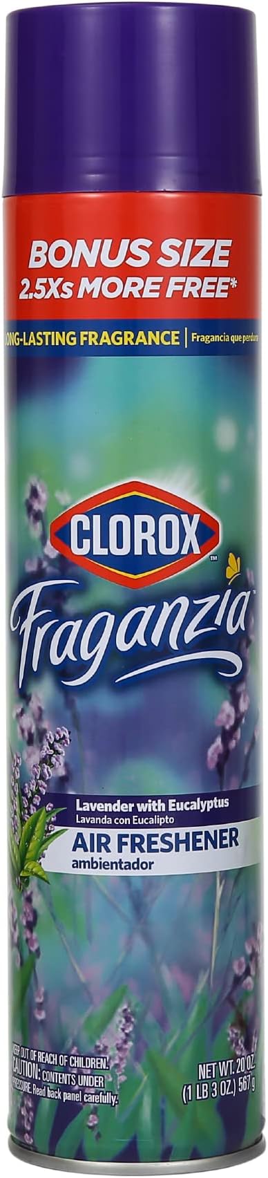 Clorox Fraganzia Aerosol Air Freshener in Lavender with Eucalyptus Scent - Long-Lasting Room Spray, Odor Eliminator for Home, Bathroom, and Bedroom, 20 oz Bonus Size - 12 Pack