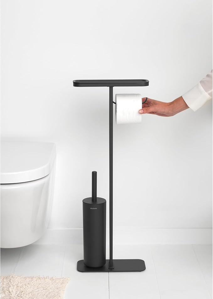 Brabantia Mindset Toilet Butler | Mineral Infinite Gray | Freestanding All-in-One Bathroom Accessory Set | Toilet Paper Holder Stand, Integrated Shelf & Toilet Brush & Holder | Bathroom Phone Holder