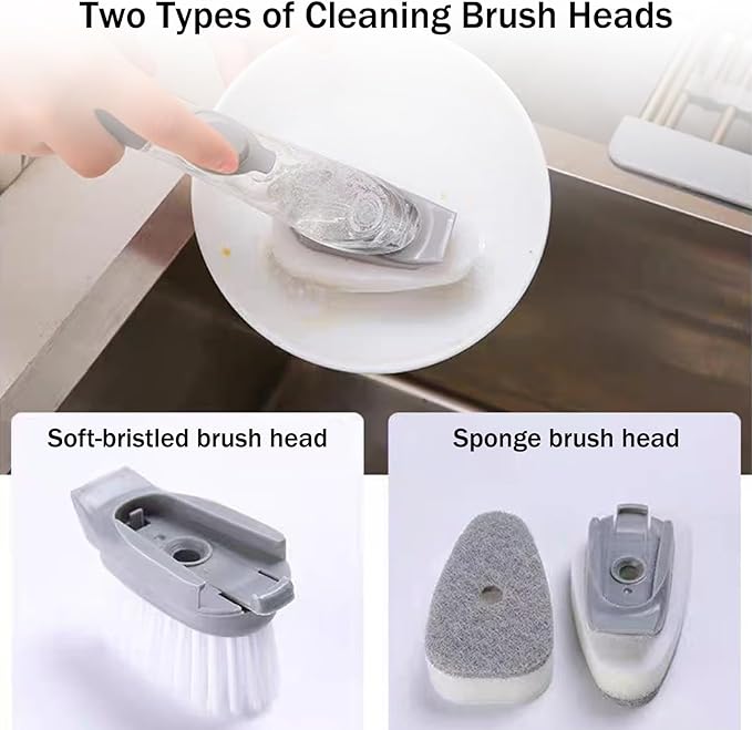 Soap Dispensing Dish Brush with Holder, Kitchen Pot Pan Scrub Brush Set with Replaceable Brush Head, Sink Cleaning Brush with Storage Tray (3-Piece Set Sponge Head)