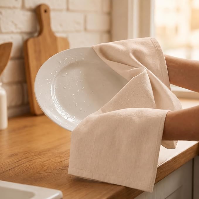 Urban Villa Kitchen Towels 100% Cotton Dish Towels for Kitchen(Set of 6)20”x30” Dish Cloths Highly Absorbent Kitchen Linen Set with Hanging Loop Perfect for Drying Dishes Cleaning Hand Towels – Beige