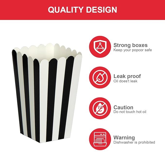 XIEHE 24 Pack Striped Popcorn Boxes - Carnival Parties Mini Paper Popcorn and Candy Containers, Party Supplies for Movie Nights (Black)