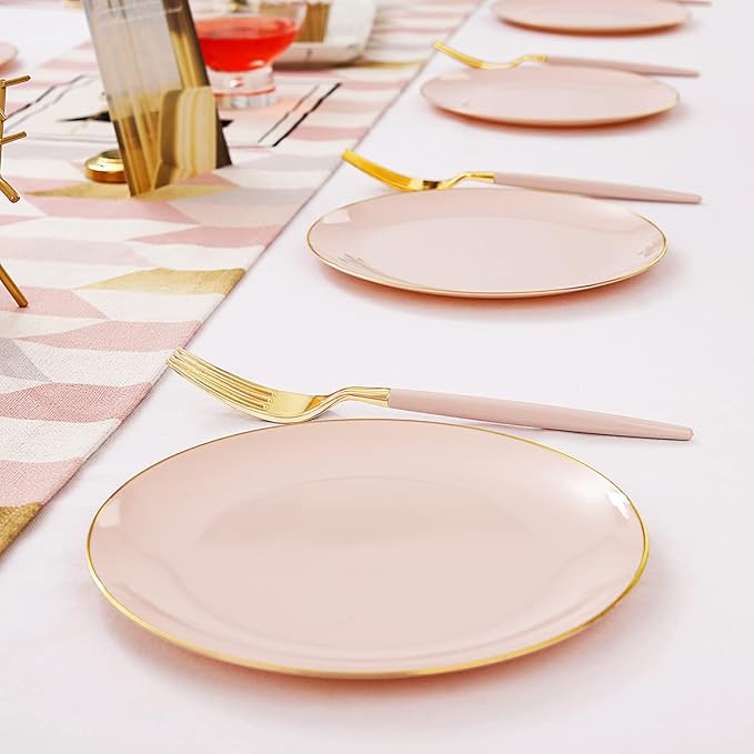 LIYH 96 Pcs Pink and Gold Disposable Plastic Dessert Plates and Forks Set - 7.5" Plastic Appetizer Plates & 9" Gold Cake Forks for Tea Parties, Birthdays, Baby Shower 48 Guests