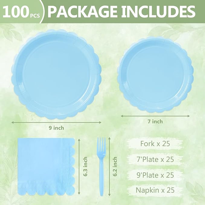 Mulbozy 100 Light Blue Paper Plates and Napkins Disposable Set Includes 25-9" & 25-7" Dessert Cake Scalloped Plates, Cocktail Napkins, Forks for for Holiday Party Supplies