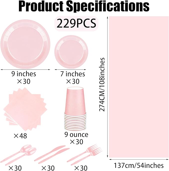 229PCS Pink Party Supplies Set Paper Disposable Plates Cups Plastic Spoons Forks Knives Pink Napkins for 30 Guests Disposable Party Dinnerware Sets for Wedding Birthday Parties