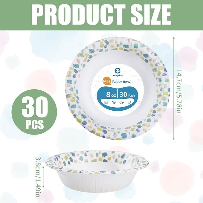 30 Pack Paper Bowls, 8 Oz Disposable Soup Bowl, Heavy Duty Printed Disposable Bowls Bulk For Snacks, Dessert, Breakfast, Lunch And Dinner Meals (Green)