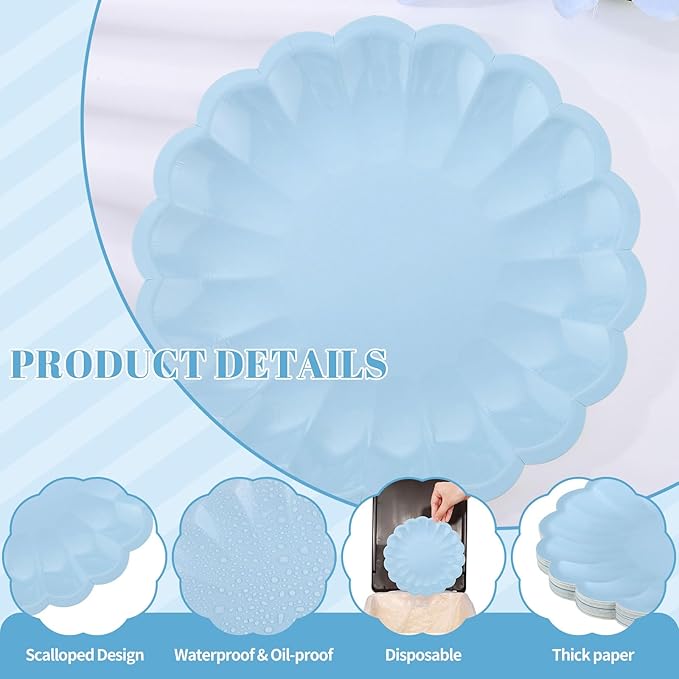 NatNarr 30 Pcs Light Blue Paper Plates 9.5 In Blue Plates Disposable Heavy Duty Scalloped Party Plate with Shell Edge for Wedding Birthday Bridal Shower Boy Baby Shower
