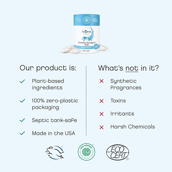AspenClean | Laundry Pods | Unscented | Clean Detergent for Sensitive Skin | Zero Plastic | Non - Toxic | 100% Natural | EWG Verified - 36 Count (3 Pack)