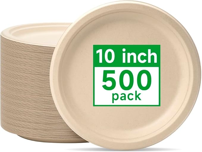 RACETOP Compostable Paper Plates 10 Inch [500 Pack], Disposable Biodegradable Heavy Duty Paper Plates, Made of Natural Sugarcane Fibers, Unbleached Brown, Round