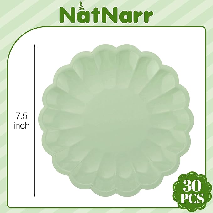 NatNarr 30 Pcs Sage Green Paper Plates 7.5 Inch Shell Edge Easter Plates Disposable Green Scalloped Paper Plate for Wedding Baby Shower Birthday Party Bridal Shower