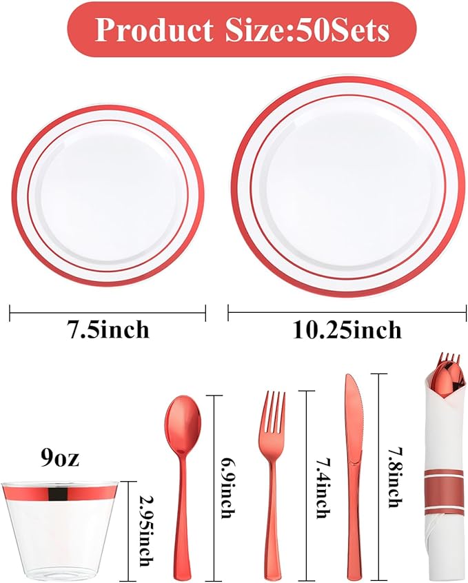 Goodluck 350 Piece Red Plastic Dinnerware Set for 50 Guests, Fancy Disposable Plates for Party, Include: 50 Dinner Plates, 50 Dessert Plates, 50 Pre Rolled Napkins with Silverware, 50 Cups
